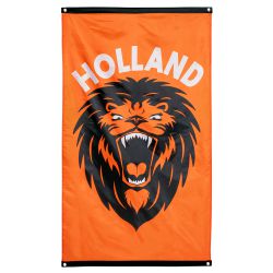 Oranje vlag met opdruk brullende leeuw + tekst Holland - deoranjeartikelenshop