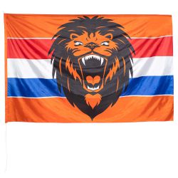Oranje polyester vlag met opdruk brullende leeuw en Nederlandse vlag XXL - deoranjeartikelenshop
