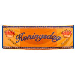 Koningsdag oranje banner met kronen 74 x 220 cm - deoranjeartikelenshop