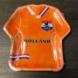 Bordjes oranje in de vorm van een shirt met Nederlandse vlag en leeuw, set van 8 bordjes 