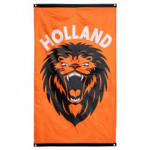 Oranje vlag met opdruk brullende leeuw + tekst Holland - deoranjeartikelenshop